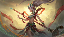Rule 34 | 1girl, absurdres, arm tattoo, bead necklace, beads, breasts, dragon horns, hair ornament, highres, holding, holding staff, horns, janna (league of legends), jewelry, league of legends, lee (doollyss), leg tattoo, long hair, magic, medium breasts, mountain, necklace, pointy ears, ponytail, skirt, solo, staff, tattoo, white hair, white skirt