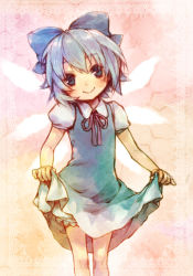 Rule 34 | 1girl, ameiro, bad id, bad pixiv id, bloomers, blue eyes, blue hair, cirno, clothes lift, curtsey, dress, dress lift, embodiment of scarlet devil, face, matching hair/eyes, short hair, smile, solo, touhou, underwear, wings