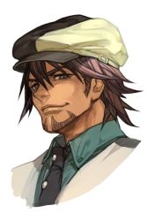 Rule 34 | 1boy, black necktie, brown eyes, brown hair, closed mouth, collared shirt, facial hair, goatee, green shirt, hat, hungry clicker, jacket, kaburagi t. kotetsu, looking at viewer, male focus, manly, necktie, portrait, shirt, smile, solo, tiger &amp; bunny, white jacket, wing collar