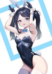 Rule 34 | 1girl, absurdres, animal ears, aris (blue archive), armpits, arms up, black gloves, black hair, black leotard, blue archive, blue bow, blue bowtie, blue eyes, bow, bowtie, breasts, cleavage, commentary, covered navel, cowboy shot, detached collar, earrings, fake animal ears, fake tail, gloves, half gloves, highres, jewelry, leotard, light blush, looking at viewer, medium breasts, open mouth, playboy bunny, rabbit ears, rabbit pose, rabbit tail, rorokaede, smile, solo, strapless, strapless leotard, tail, thighhighs, twintails, white thighhighs, white wrist cuffs, wrist cuffs