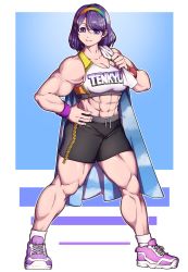 Rule 34 | 1girl, abs, absurdres, biceps, breasts, brown eyes, brown hair, clothes writing, drawstring, full body, gym shorts, hairband, hand on own hip, highres, holding, holding towel, looking at viewer, medium hair, mefomefo, midriff, multicolored hairband, muscular, muscular female, navel, romaji text, shiny skin, shoes, shorts, simple background, smile, socks, solo, sports bra, standing, sweatband, tareme, tenkyuu chimata, touhou, towel, white background