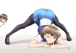 Rule 34 | absurdres, arm support, artist name, black footwear, black legwear, blue skirt, blush stickers, braid, braided ponytail, brown eyes, brown hair, dated, dress shirt, girls und panzer, gradient background, grey background, grin, gym uniform, hair ornament, hair over shoulder, hairclip, highres, io-catalyst, isobe noriko, jack-o&#039; challenge, light blush, loafers, long hair, looking at viewer, meme, miniskirt, one eye closed, pantyhose, pleated skirt, rukuriri (girls und panzer), school uniform, shadow, shirt, shoes, short sleeves, signature, single braid, skirt, smile, spread legs, st. gloriana&#039;s school uniform, summer uniform, sweater, sweater vest, taking picture, thighband pantyhose, thumbs up, top-down bottom-up, white background, white shirt