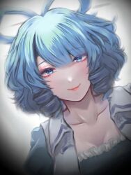 Rule 34 | 1girl, absurdres, blue eyes, blue hair, blunt bangs, closed mouth, collarbone, drill hair, drill sidelocks, hair rings, highres, kaku seiga, lips, looking at viewer, lying, medium hair, nostrils, on back, on bed, sidelocks, smile, solo, takana (forsterite), touhou