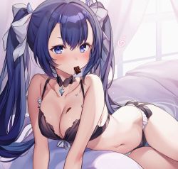 Rule 34 | 1girl, bare arms, bare shoulders, bikini, black bikini, black choker, blue eyes, blue hair, bow, breasts, chocolate, choker, cleavage, collarbone, front-tie bikini top, front-tie top, frown, hair bow, highres, horns, komeshiro kasu, long hair, looking at viewer, lying, medium breasts, mouth hold, navel, on bed, on side, original, side-tie bikini bottom, sidelocks, solo, stomach, swimsuit, thigh gap, thighs, twintails, v-shaped eyebrows