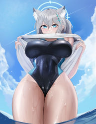 Rule 34 | 1girl, absurdres, animal ear fluff, animal ears, black one-piece swimsuit, blue archive, blue eyes, blue one-piece swimsuit, blue sky, blush, breasts, clothes lift, commentary, competition swimsuit, covered navel, cross, cross hair ornament, english commentary, extra ears, feet out of frame, from below, gcg, grey hair, hair between eyes, hair ornament, hairclip, halo, highres, inverted cross, large breasts, long hair, looking at viewer, mismatched pupils, multicolored clothes, multicolored swimsuit, ocean, official alternate costume, on water, one-piece swimsuit, shiroko (blue archive), shiroko (swimsuit) (blue archive), shirt, shirt lift, skin tight, sky, solo, standing, summer, swimsuit, swimsuit under clothes, thighs, water, wet, wet clothes, wet swimsuit, white shirt, wolf ears
