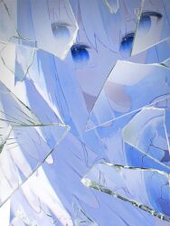 Rule 34 | 1girl, blue eyes, chihono 0, closed mouth, covered mouth, expressionless, glass shards, hair between eyes, highres, long hair, looking at viewer, original, sidelocks, solo, tearing up, upper body, white hair