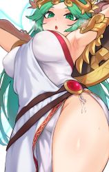 Rule 34 | 1girl, armlet, armpits, arms up, belt, blush, breasts, commentary, cowboy shot, dress, eyelashes, from below, green eyes, green hair, highres, jtveemo, kid icarus, kid icarus uprising, large breasts, long hair, looking at viewer, looking down, multiple belts, nintendo, open mouth, palutena, puffy nipples, shiny skin, side slit, simple background, solo, strapless, strapless dress, sweat, sweatdrop, thighs, tiara, twitter username, white background, white dress