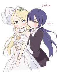Rule 34 | 10s, 2girls, armband, ayase eli, blue eyes, blue hair, blush, bow, bracelet, breasts, brown eyes, cleavage, dress, formal, hair bow, hair down, hands on another&#039;s shoulders, jewelry, long hair, love live!, love live! school idol project, multiple girls, ponytail, saku usako (rabbit), sash, scrunchie, small breasts, sonoda umi, suit, tiara, wedding dress, white background, wife and wife, yuri