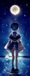 Rule 34 | back, bad id, bad twitter id, blue ribbon, blue theme, full body, highres, holding lamp, long sleeves, moon, motion blur, night, ribbon, sitting on water, solo, waves, wide sleeves