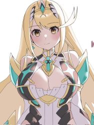 Rule 34 | 1girl, bare shoulders, blonde hair, breasts, brown eyes, cleavage, cleavage cutout, closed mouth, clothing cutout, commentary request, dress, headpiece, highres, large breasts, long hair, looking at viewer, mythra (xenoblade), sleeveless, sleeveless dress, smile, solo, swept bangs, upper body, very long hair, white dress, xenoblade chronicles (series), xenoblade chronicles 2, yuki piko