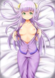 Rule 34 | 10s, 1girl, aoki hagane no arpeggio, blush, breasts, green eyes, highres, i-400 (aoki hagane no arpeggio), ju (old505), lying, nipples, on back, open clothes, pajamas, purple hair, small breasts, solo, trembling