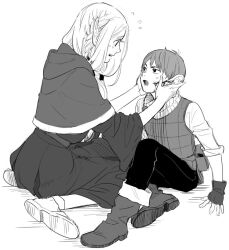 Rule 34 | 1boy, 1girl, arm support, bag, belt, blood, blood on face, boots, chilchuck tims, dungeon meshi, fingerless gloves, fingernails, gloves, greyscale, injury, kneeling, long hair, long sleeves, looking at another, maiko (setllon), marcille donato, monochrome, open mouth, pants, pointy ears, satchel, short hair, simple background, sitting, sweatdrop, wide sleeves