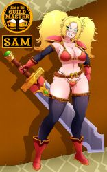 Rule 34 | armor, belt, bikini armor, blonde hair, boots, breasts, fantasy, gloves, green eyes, highres, large breasts, looking to the side, midriff, punishedkom, rise of the guild master, sam (rise of the guild master), sharp teeth, shoulder armor, smile, solo, sword, swordswoman, teeth, thighhighs, twintails, warrior, weapon