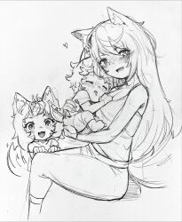 Rule 34 | 1boy, 2girls, animal ear fluff, animal ears, blush, breasts, carrying, carrying person, cleavage, commentary, dog ears, dog girl, dog tail, drooling, english commentary, fang, graphite (medium), greyscale, heart, highres, long hair, looking at viewer, medium breasts, monochrome, mother and daughter, mother and son, mouth drool, multiple girls, nose blush, open mouth, original, renocoffee, sitting, sleeping, tail, tank top, traditional media