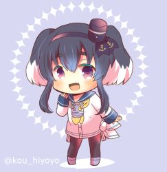Rule 34 | 1girl, :d, anchor symbol, black hair, black hairband, black headwear, black pantyhose, black ribbon, blue background, blue footwear, blue sailor collar, blush, chain, chibi, commentary request, fang, full body, hairband, hat, kantai collection, kou hiyoyo, long hair, long sleeves, looking at viewer, mini hat, multicolored hair, neckerchief, open mouth, pantyhose, ribbon, sailor collar, sailor shirt, shirt, shoes, short eyebrows, sidelocks, sleeves past wrists, smile, solo, standing, thick eyebrows, tokitsukaze (kancolle), twitter username, two-tone hair, two side up, white hair, white shirt, yellow neckerchief