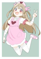Rule 34 | 1girl, :d, absurdres, apron, bad id, bad twitter id, bandaged arm, bandages, bright pupils, donguri suzume, dress, fang, fingernails, grey background, hair ornament, hand up, hat, heart, highres, jumping, light brown hair, long hair, looking at viewer, nail polish, natori sana, nurse cap, open mouth, pink apron, pink footwear, pink hat, pink nails, rabbit hair ornament, red eyes, sana channel, shoes, short sleeves, simple background, smile, solo, thighhighs, virtual youtuber, w, white dress, white thighhighs