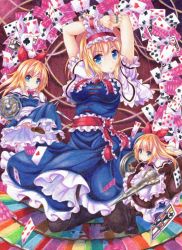 Rule 34 | 1girl, 3girls, alice margatroid, apron, arms up, black pantyhose, blonde hair, blue eyes, boots, bow, breasts, capelet, card, dress, female focus, hair bow, hairband, highres, hourai doll, kittona, lance, large breasts, long hair, looking at viewer, multiple girls, pantyhose, playing card, polearm, shanghai doll, shield, short hair, solo, string, touhou, traditional media, waist apron, watercolor pencil (medium), weapon
