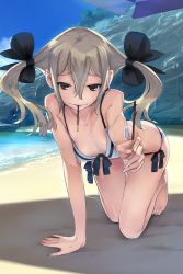 Rule 34 | 10s, 1girl, absurdres, all fours, bad id, bad yandere id, barefoot, beach, bikini, blonde hair, brown eyes, collarbone, food, fukuda tomonori, hair ribbon, highres, holding, koujiro frau, long hair, looking at viewer, mouth hold, ocean, official art, outdoors, pocky, ribbon, robotics;notes, seductive smile, smile, solo, swimsuit, twintails, water, wet