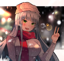 Rule 34 | 1girl, alternate costume, arm up, bad id, bad pixiv id, blue hair, blush, breasts, christmas, cizzi, girls&#039; frontline, green eyes, highres, hk416 (girls&#039; frontline), long hair, looking at viewer, medium breasts, merry christmas, open mouth, red scarf, scarf, simple background, smile, solo, sweater, teardrop facial mark, teardrop tattoo, teeth, upper body, upper teeth only, v, white headwear, white sweater