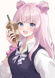 Rule 34 | 1girl, :d, assault lily, black sweater vest, blue eyes, blunt bangs, blush, bow, bowtie, brown background, collared shirt, commentary request, cup, cup to cheek, disposable cup, double bun, drinking straw, fingernails, hair bow, hair bun, hands up, highres, holding, holding cup, jewelry, kon (kon9d), long hair, long sleeves, looking at viewer, official alternate costume, open mouth, outstretched arm, pink bow, pink hair, pink scrunchie, plaid, plaid bow, reaching, reaching towards viewer, ribbon, ring, scrunchie, selfie, shirt, simple background, sleeves rolled up, smile, solo, striped bow, striped bowtie, striped clothes, sweater vest, tanba akari, upper body, white bow, white bowtie, white shirt, wrist ribbon, wrist scrunchie, yellow ribbon
