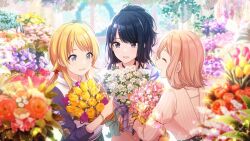 Rule 34 | 3girls, ahoge, belt, black hair, blonde hair, blue eyes, blurry, blurry foreground, bouquet, bracelet, choker, closed eyes, daisy, day, flower, game cg, grey sleeves, hachimiya meguru, hair flaps, hair ornament, hairclip, half updo, holding, holding bouquet, hood, hoodie, idolmaster, idolmaster shiny colors, illumination stars (idolmaster), jewelry, juliet sleeves, kazano hiori, light brown hair, light particles, long sleeves, looking at flowers, low twintails, medium hair, mole, mole under mouth, multiple girls, official art, orange flower, orange rose, orchid, outdoors, parted lips, pink shirt, ponytail, profile, puffy sleeves, purple eyes, purple flower, purple shirt, purple tulip, rose, sakuragi mano, shirt, sidelocks, smile, sparkle, star (symbol), star hair ornament, striped, tulip, twintails, upper body, vertical stripes