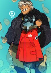 Rule 34 | 1boy, 1girl, animal ears, closed eyes, dog ears, dog tail, furry, glasses, grin, idkuroi, jacket, original, short hair, size difference, skirt, sleeves past wrists, smile, tail, the north face