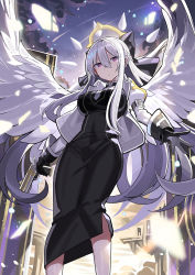 Rule 34 | 1girl, angel wings, black bow, black dress, black gloves, bow, breasts, commentary request, dress, falken (yutozin), gloves, hair between eyes, hair bow, halo, highres, large breasts, long hair, looking at viewer, original, pink eyes, solo, very long hair, white hair, white wings, wings