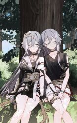 Rule 34 | 2girls, bare shoulders, black choker, black dress, blue sky, blush, choker, closed eyes, closed mouth, collarbone, commentary, day, dress, facing viewer, feet out of frame, fu hua, fu hua (herrscher of sentience), grey hair, hair between eyes, highres, honkai (series), honkai impact 3rd, long hair, multiple girls, nuta h3, on ground, outdoors, own hands together, parted lips, sitting, sky, smile, symbol-only commentary, tree, very long hair