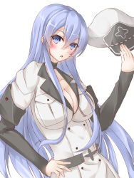 Rule 34 | 10s, 1girl, :&lt;, akame ga kill!, belt, blue eyes, blue hair, blush, breasts, cleavage, esdeath, hair between eyes, hand on own hip, hat, unworn hat, unworn headwear, holding, holding clothes, holding hat, hypertan, large breasts, long hair, military, military uniform, open mouth, peaked cap, simple background, solo, uniform, very long hair, white background