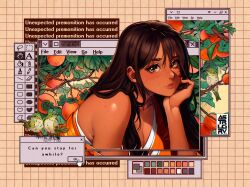 Rule 34 | 1girl, adobe photoshop, astralgrave, bird, breasts, brown eyes, brown hair, cleavage, commentary, cursor, dark-skinned female, dark skin, english commentary, english text, food, fruit, fruit tree, head rest, highres, large breasts, long hair, looking at viewer, microsoft windows, mole, mole above mouth, mole on shoulder, orange (fruit), orange tank top, orange tree, original, solo focus, strap slip, tank top, tree, upper body, window (computing), windows 95