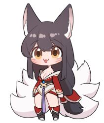 Rule 34 | 1girl, :3, ahri (league of legends), animal ears, bare shoulders, black hair, breasts, cleavage, facial mark, fox ears, fox tail, full body, league of legends, long hair, medium breasts, multiple tails, simple background, tail, tongue, tongue out, very long hair, whisker markings, white background, yabby, yellow eyes