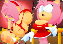 Rule 34 | 1girl, amy rose, breast expansion, breasts, dress, expansion, female focus, furry, furry female, green eyes, huge breasts, large areolae, large breasts, multiple views, red skirt, skirt, slickehedge, sonic (series), torn clothes, torn dress