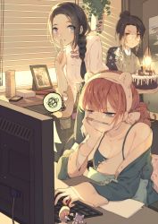 Rule 34 | 3girls, animal ears, birthday cake, black hair, blue eyes, braid, breasts, brown eyes, brown hair, cake, chinese commentary, cleavage, commentary request, computer, fake animal ears, food, glasses, hair bun, highres, ibex, indoors, keyboard (computer), medium breasts, miniature, monitor, multiple girls, original, pencil as mustache, photo (object), single hair bun, spoken squiggle, squiggle, window, wristband
