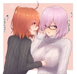 Rule 34 | 2girls, :d, ^^^, ahoge, alternate costume, bad id, bad pixiv id, black-framed eyewear, black sweater, blush, breast poke, breasts, embarrassed, eyes visible through hair, fate/grand order, fate (series), flying sweatdrops, fujimaru ritsuka (female), glasses, hair over one eye, hand up, heart, highres, large breasts, long sleeves, looking away, looking down, mash kyrielight, multiple girls, open mouth, orange eyes, orange hair, pink background, pink hair, poking, profile, purple eyes, ramchi, ribbed sweater, short hair, side ponytail, sideways mouth, simple background, sleeves past wrists, smile, sweater, teeth, translation request, turtleneck, turtleneck sweater, upper body, upper teeth only, white sweater, yuri