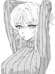 Rule 34 | 1girl, arms up, breasts, closed mouth, faust (project moon), greyscale, hair tie, highres, kitaku (ienikaeru), large breasts, limbus company, long sleeves, medium hair, monochrome, project moon, ribbed sweater, simple background, solo, sweater, upper body