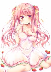 Rule 34 | 1girl, black choker, blush, bow, breasts, choker, cleavage, closed mouth, collarbone, commentary request, covered navel, dress, food, food-themed hair ornament, frilled dress, frills, fruit, hair between eyes, hair bow, hair ornament, hairclip, large breasts, long hair, looking at viewer, original, pink hair, red eyes, sidelocks, simple background, sitting, sleeveless, sleeveless dress, solo, strap slip, strawberry, strawberry hair ornament, suzukawa yui, twintails, very long hair, wariza, white background, white dress, wrist cuffs, yellow bow