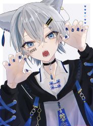Rule 34 | 1boy, animal ears, blue nails, commentary, english commentary, highres, long sleeves, looking at viewer, male focus, nail polish, open mouth, original, short hair, silver hair, solo, teeth, tuksi san