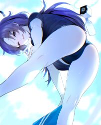 Rule 34 | 1girl, ass, bent over, blue archive, blue shirt, blue sky, blush, bottle, breasts, buruma, cube, gym uniform, highres, long hair, looking at viewer, medium breasts, one eye closed, open mouth, parted bangs, purple eyes, purple hair, shirt, short sleeves, sky, solo, thighs, tomoyuki hino, two side up, water bottle, yuuka (blue archive), yuuka (track) (blue archive)
