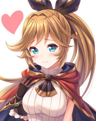 Rule 34 | 1girl, black ribbon, blue cape, blue eyes, blush, breasts, brown gloves, cape, clarisse (granblue fantasy), closed mouth, commentary request, frilled gloves, frills, gloves, granblue fantasy, hair ribbon, hand up, heart, highres, hood, hood down, hooded cape, light brown hair, long hair, medium breasts, multicolored cape, multicolored clothes, ponytail, red cape, ribbed sweater, ribbon, simple background, smile, solo, sweater, tomo (tmtm mf mf), upper body, very long hair, white background, white sweater