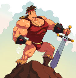 Rule 34 | 1boy, bara, barbarian, bare arms, brown footwear, brown hair, bulge, dave (dave the barbarian), dave the barbarian, from side, frown, full body, fur trim, gem, green background, hairband, headband, holding, looking at viewer, lula (dave the barbarian), male focus, medium hair, muscular, muscular male, pectoral cleavage, pectorals, red hairband, rope, solo, standing, stone, sword, unsheathed, weapon, white background, xelgot