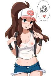 Rule 34 | 10s, 1girl, blue eyes, blush, breasts, brown hair, cameltoe, cleavage, creatures (company), denim, denim shorts, game freak, groin, hat, heart, hilda (pokemon), long hair, missnips, navel, nintendo, nipples, no bra, pokemon, pokemon bw, ponytail, see-through, sexually suggestive, shirt, shorts, simple background, smile, solo, spoken heart, standing, sweat, thigh gap, translated, vest, wedgie, wet, wet clothes, wet shirt