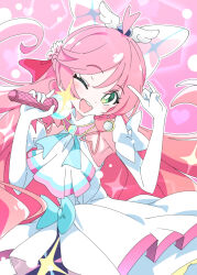 Rule 34 | 1girl, ;d, \m/, blush, bow, cure prism, elbow gloves, gloves, green eyes, hair bow, heart, hirogaru sky! precure, holding, holding microphone, ixy, long hair, looking at viewer, magical girl, microphone, nijigaoka mashiro, one eye closed, open mouth, pink background, pink hair, precure, smile, solo, teeth, upper teeth only, white bow, white gloves