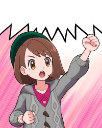 Rule 34 | 1girl, arm up, buttons, cardigan, clenched hands, collarbone, collared dress, commentary request, creatures (company), dress, dynamax band, eyelashes, game freak, gloria (pokemon), green hat, grey cardigan, hat, lowres, nintendo, open mouth, pink dress, pokemoa, pokemon, pokemon swsh, solo, tam o&#039; shanter, teeth, template, tongue