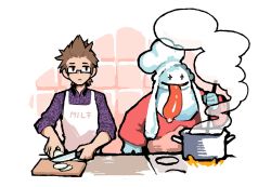 Rule 34 | 1boy, 1other, apron, bad id, bad twitter id, chef hat, cooking, cutting board, final fantasy, final fantasy ix, final fantasy xv, glasses, hat, highres, ignis scientia, knife, looking at another, midorin hd, onion, pot, quina quen, smile, spiked hair, steam, stirring, stove, tongue, tongue out, upper body