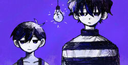 Rule 34 | 2boys, :/, antenna hair, closed mouth, crossover, expressionless, hair between eyes, hanging light, height difference, highres, jack-o&#039; ran-tan, jitome, light bulb, looking at another, looking to the side, male focus, monochrome, multiple boys, napoli no otokotachi, omori, omori (omori), purple theme, short hair, side-by-side, simple background, striped clothes, striped sweater, suuno kamibukuro, sweater, tank top