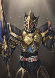 Rule 34 | 1boy, armor, belt, card, gold armor, helmet, holding, holding sword, holding weapon, kamen rider, kamen rider blade, kamen rider blade (series), male focus, mutou riu, red eyes, solo, sword, weapon