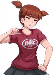 Rule 34 | 1girl, black skirt, casual, closed mouth, clothes writing, commentary, dr pepper, frown, girls und panzer, hair tie, hand on own hip, head tilt, highres, logo, mikko (girls und panzer), miniskirt, omachi (slabco), open mouth, pleated skirt, print shirt, red hair, red shirt, shirt, short hair, short sleeves, short twintails, simple background, skirt, solo, standing, t-shirt, thumbs up, twintails, upper body, v-shaped eyebrows, white background
