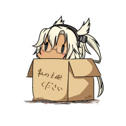 Rule 34 | 10s, 1girl, 2017, box, cardboard box, dark skin, dark-skinned female, dated, glasses, hair between eyes, hairband, hatsuzuki 527, in box, in container, kantai collection, musashi (kancolle), pointy hair, semi-rimless eyewear, simple background, solid oval eyes, solo, translated, twintails, twitter username, two side up, under-rim eyewear, white background, white hair