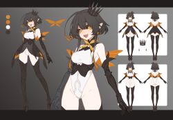 1girl :d absurdres ac8231 ahoge arthropod_girl bare_shoulders bee_girl bee_wings black_hair black_sclera breasts character_sheet chrom_(ac8231) color_guide colored_sclera crown full_body highres insect_girl insect_wings leotard looking_at_viewer medium_breasts monster_girl multicolored_hair multiple_views open_mouth orange_eyes orange_hair original sharp_teeth sideboob sidelocks smile standing teeth turnaround white_leotard wings