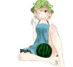 Rule 34 | 1girl, absurdres, adapted costume, aki minoriko, alternate costume, blonde hair, dress, food, fruit, grapes, hat, highres, melon, nagata nagato, one eye closed, red eyes, short hair, simple background, smile, solo, tongue, tongue out, touhou, white background